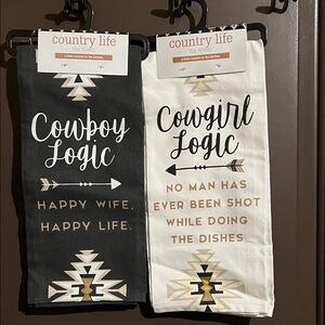 2 Country Life 'Cowboy/Cowgirl Logic' Kitchen Tea Towels - Black & White